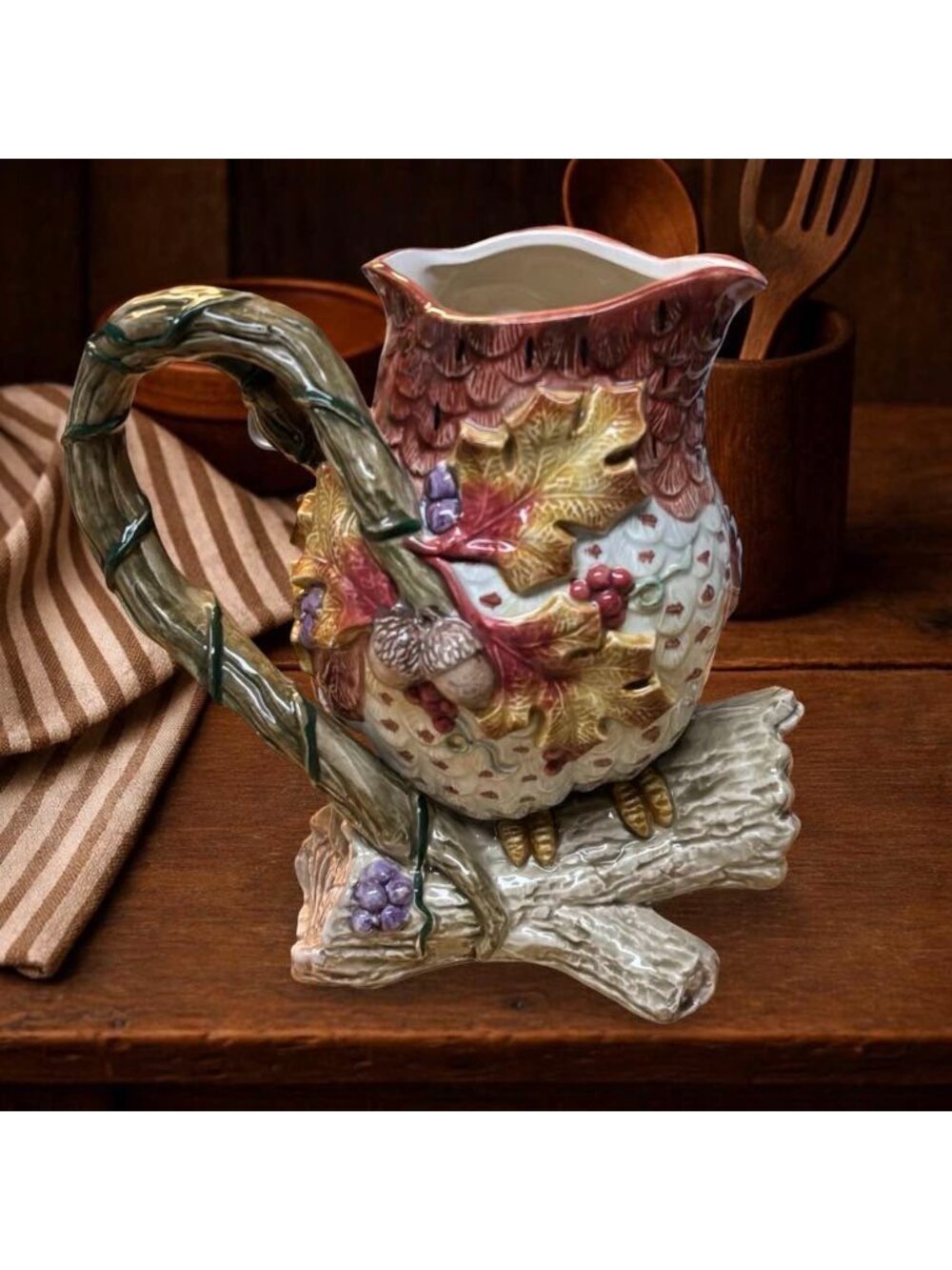 Vintage 1994 Fitz & Floyd Autumn Woods Owl Pitcher – 9" Woodland Fall Acorn Jug - Picture 3 of 10